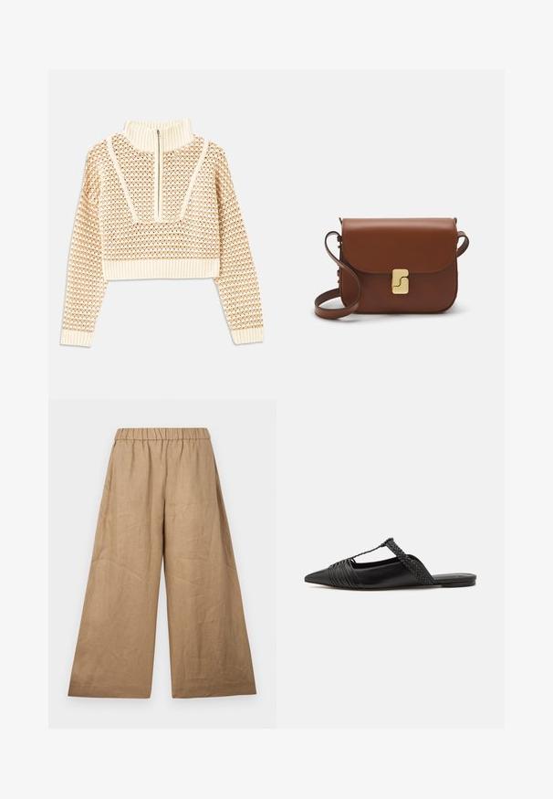 Light beige cropped sweater with a zippered mock neck, featuring a textured pattern and ribbed cuffs and hem. Combines knit and woven materials.; Linen wide-leg trousers in a light brown shade, featuring a gathered elastic waistband and a smooth, textured finish.; Black leather slingback shoe with a pointed toe, featuring a woven accent and pleated upper design. Flat sole with minimal hardware.; Brown leather handbag with a flap closure, gold-tone hardware, a shoulder strap, and a smooth texture. Compact rectangular shape.