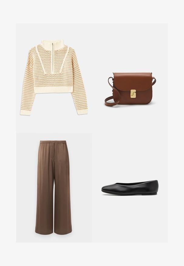 Light beige cropped sweater with a zippered mock neck, featuring a textured pattern and ribbed cuffs and hem. Combines knit and woven materials.; Brown wide-leg pants with elastic waistband and smooth fabric, displayed against a plain white background.; Paul Smith TOPANGA - Ballet pumps - black; Brown leather handbag with a flap closure, gold-tone hardware, a shoulder strap, and a smooth texture. Compact rectangular shape.