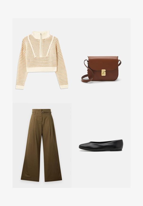 Vaalea beige lyhyt neulepusero, jossa on vetoketjukiinnitteinen korkea kaulus. Se esittelee teksturoidun kuosin ja ribbireunat hihoissa ja helmassaan. Yhdistelmä neulotusta ja kudotusta materiaalista.; Vaatteet leveälahkeiset housut oliivinvihreä kangas, jossa on korkea vyötärö, etupleatit ja hopeinen pyöreä vyönsolkiyksityiskohta. Sileä pinta.; Paul Smith TOPANGA - Ballerinat - black; Ruskea nahkainen käsilaukku, jossa on läppäkiinnitys, kultasävyiset yksityiskohdat, olkahihna ja sileä pinta. Kompaktin suorakaiteen muotoinen.