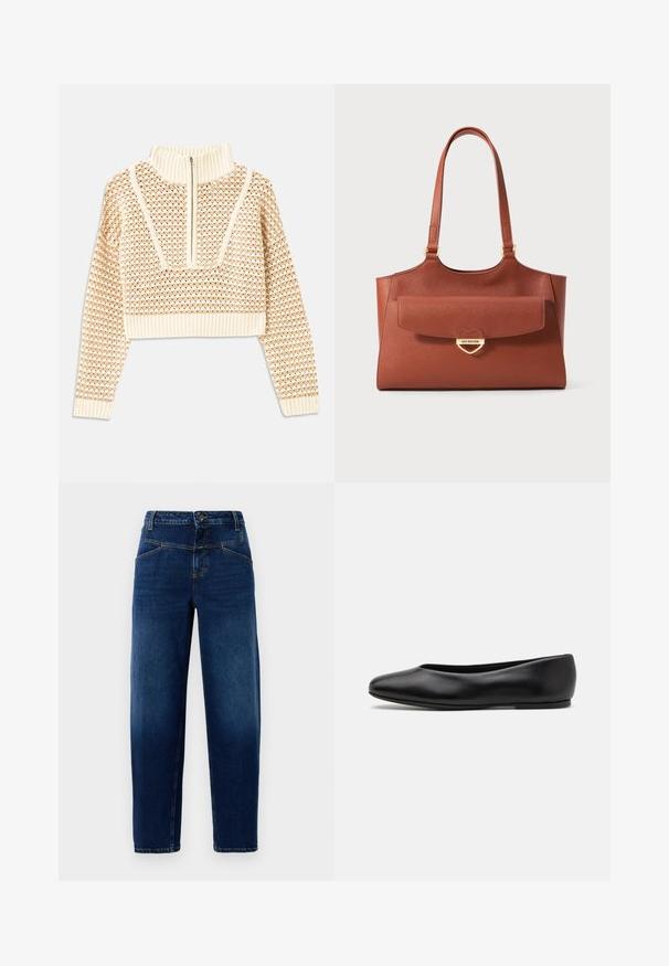 Světle béžový zkrácený svetr s doplňkovým zipem a imitací límce, zdobený texturovaným vzorem a pletenými manžetami a lemem. Kombinuje pletené a tkané materiály.; Tmavě modré džíny s rovnými nohavicemi, pěti kapsami, zapínáním na horní knoflík a oranžovými vyšívanými detaily.; Paul Smith TOPANGA - Klasické baleríny - black; Hnědá kožená kabelka s dlouhými uchy, přední kapsou na klopě a zlatým srdíčkovým zapínáním s vyrytým nápisem "Love Moschino."