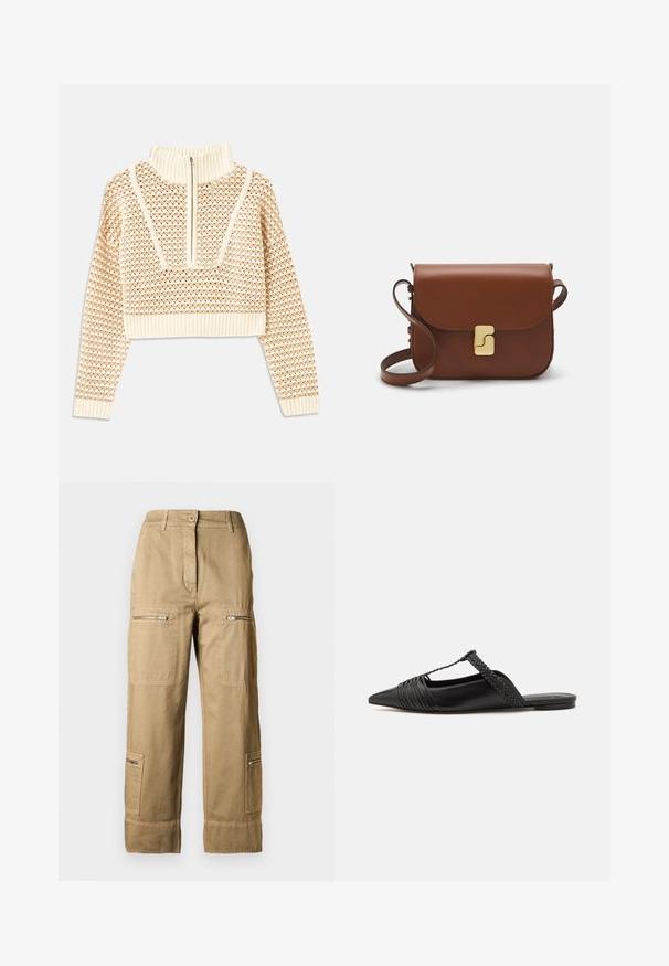 Pulover scurt de culoare bej deschis, cu guler tip mock cu fermoar, având un model texturat și manșete și tiv coagulate. Combină materiale tricotate și țesute.; Pantaloni cargo din bumbac, de culoare khaki deschis, cu mai multe buzunare, fermoare și o croială lejeră, cu tivuri mansetate.; Pantofii din piele neagră cu curea la spate au vârful ascuțit, prezentând un accent țesut și un design superior pliat. Talpa joasă cu hardware minim.; Geantă de piele maro cu închidere tip capac, accesorii de culoare aurie, curea de umăr și o textură netedă. Formă compactă și rectangulară.