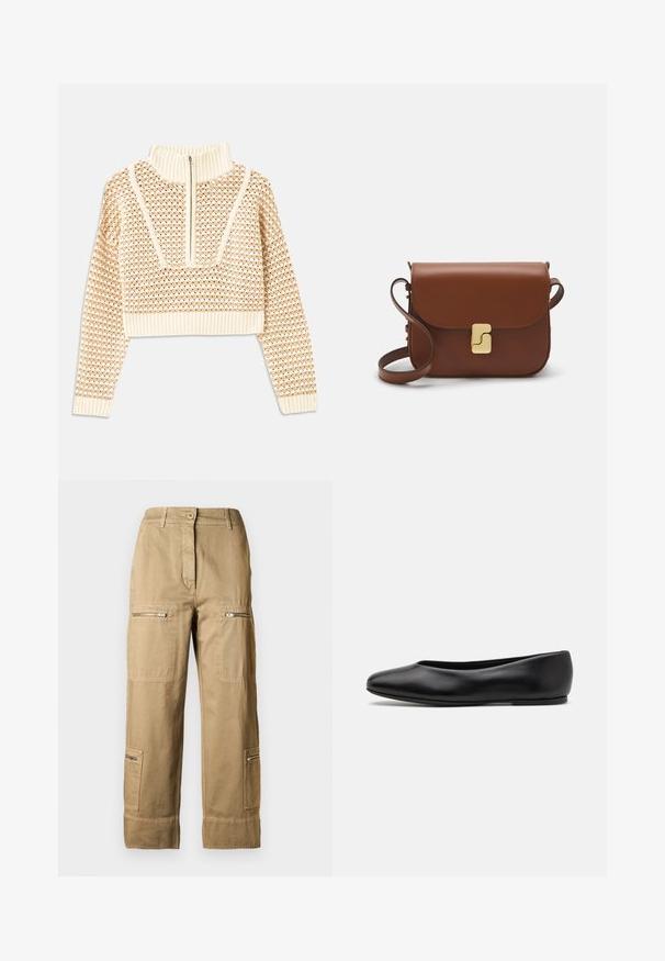 Light beige cropped sweater with a zippered mock neck, featuring a textured pattern and ribbed cuffs and hem. Combines knit and woven materials.; Cargo pants made of cotton in a light khaki color, featuring multiple pockets, zippers, and a relaxed fit with cuffed hems.; Paul Smith TOPANGA - Ballet pumps - black; Brown leather handbag with a flap closure, gold-tone hardware, a shoulder strap, and a smooth texture. Compact rectangular shape.