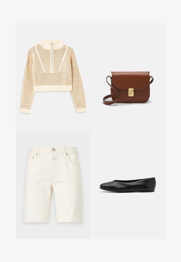 Lys beige cropped sweater med lynlås og høj hals, der har et struktureret mønster samt ribbede manchetter og nederste kant. Kombinerer strikkede og vævede materialer.; CLOSED JINNIE - Shorts - white; Paul Smith TOPANGA - Ballerinasko - black; Brun læder håndtaske med flaplukning, hardware i gyldent tone, en skulderrem og en glat overflade. Kompakt rektangulær form.