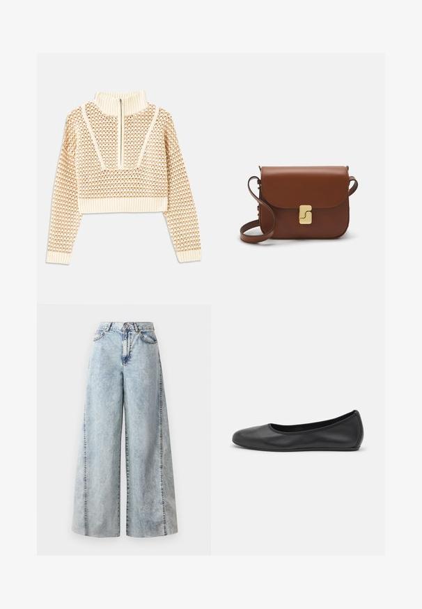 Helebeige lühike sviiter, millel on lukuga kaelus, tekstuuriga muster ning soonikuga varrukad ja äär. Kombineerib kudumise ja kootud materjalid.; Heled sinised laiad teksad, mis on valmistatud denimist, kontrastsete õmblustega, kõrge vöökohaga ja kahe küljetaskuga. Omab mugavat, la loose sobivust.; Musthave mustika tantsutossud mustast nahast, ümmarguse varbaga, siledast tekstuurist, minimaalse õmblusdetailiga ja paindliku tallakujundusega.; Pruunist nahast käekott, millel on klapiga sulgur, kuldne riistvara, õlarihm ja sile tekstuur. Kompaktne ristkülikukujuline vorm.