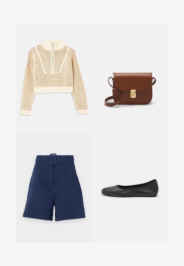 Light beige cropped sweater with a zippered mock neck, featuring a textured pattern and ribbed cuffs and hem. Combines knit and woven materials.; Navy blue shorts made of cotton, featuring a wide belt with a square buckle, two front pockets, and a tailored design with a slight pleat.; Black leather ballet flat with a rounded toe, smooth texture, minimal stitching detail, and a flexible sole design.; Brown leather handbag with a flap closure, gold-tone hardware, a shoulder strap, and a smooth texture. Compact rectangular shape.