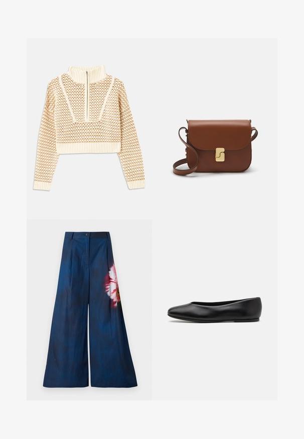 Light beige cropped sweater with a zippered mock neck, featuring a textured pattern and ribbed cuffs and hem. Combines knit and woven materials.; Wide-leg trousers in dark navy fabric, featuring a floral print in pink and yellow on one side, with a button closure at the waist.; Paul Smith TOPANGA - Ballet pumps - black; Brown leather handbag with a flap closure, gold-tone hardware, a shoulder strap, and a smooth texture. Compact rectangular shape.