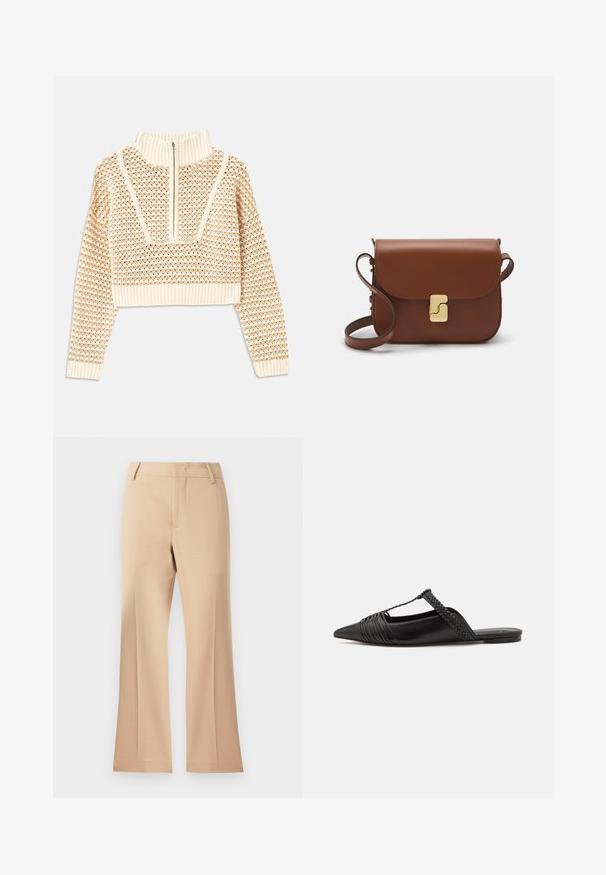 Világos bézs cropped pulóver, cipzáras álló gallérral, mely texturált mintával és bordás mandzsettával, valamint szegéllyel rendelkezik. A kötött és szőtt anyagok kombinációja.; Sima textúrájú, bézs, bő szárú nadrág, közepes derékkal és tiszta, elöl lévő pliszékkel. Egyszerű dizájn, nincs látható díszítés.; Fekete bőr slingback cipő hegyes orral, szőtt díszítéssel és redőzött felső dizájnnal. Lapos talp minimális hardverrel.; Barna bőr kézitáska, hajtókás zárással, arany színű fém kiegészítőkkel, vállpánttal és sima felülettel. Kompakt téglalap alakú.