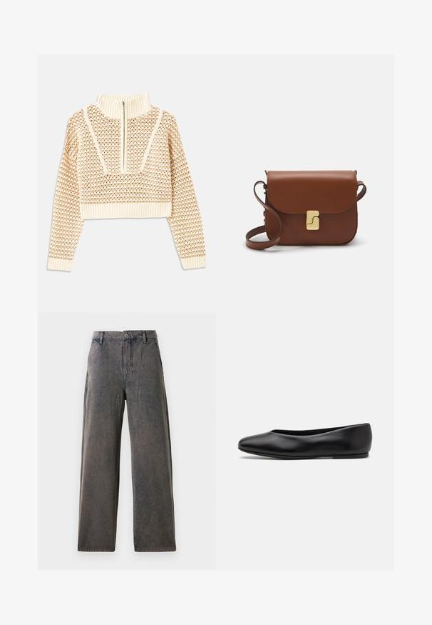 Light beige cropped sweater with a zippered mock neck, featuring a textured pattern and ribbed cuffs and hem. Combines knit and woven materials.; Wide-leg trousers in a faded grey fabric, featuring a button closure, belt loops, and side pockets with subtle texture.; Paul Smith TOPANGA - Ballet pumps - black; Brown leather handbag with a flap closure, gold-tone hardware, a shoulder strap, and a smooth texture. Compact rectangular shape.