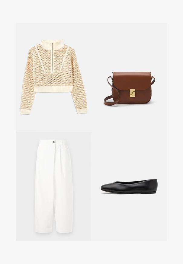 Light beige cropped sweater with a zippered mock neck, featuring a textured pattern and ribbed cuffs and hem. Combines knit and woven materials.; White, pleated trousers featuring a single button closure, side pockets, and a loose fit, made from lightweight fabric.; Paul Smith TOPANGA - Ballet pumps - black; Brown leather handbag with a flap closure, gold-tone hardware, a shoulder strap, and a smooth texture. Compact rectangular shape.