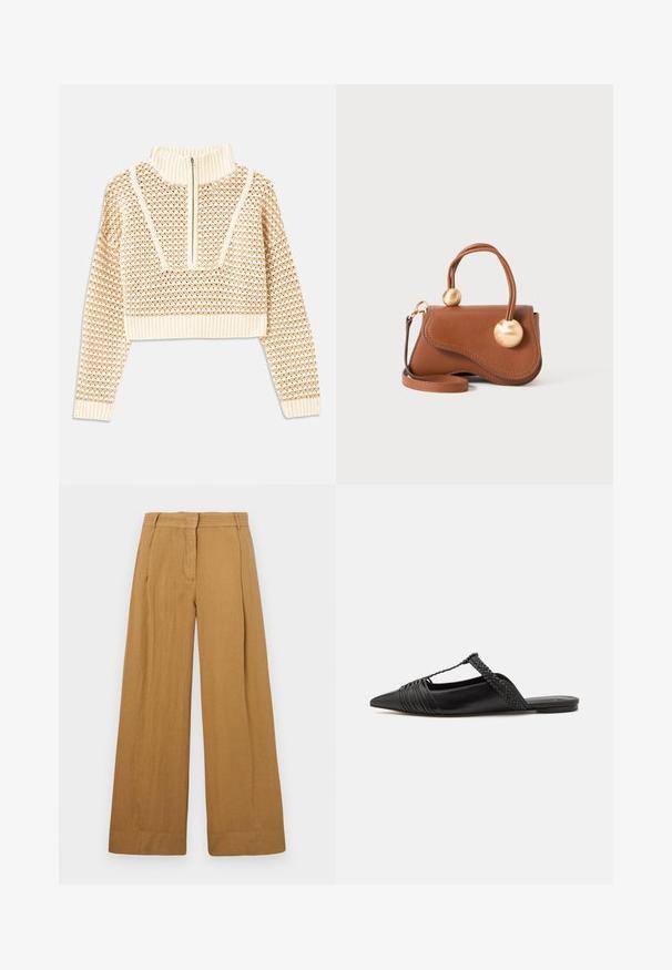 Lys beige cropped sweater med lynlås og høj hals, der har et struktureret mønster samt ribbede manchetter og nederste kant. Kombinerer strikkede og vævede materialer.; Bredde bukser i en lys brun, linned-lignende stof, med flad front, bæltestropper og subtil vertikal struktur.; Sort læderslyngeback sko med spids tå, der har en vævet detalje og en plisseret overdel. Flad sål med minimal hardware.; Brun læderhåndtaske med et bølget design, der har to cirkulære guldaccenter og en aftagelig skulderrem til alsidig bæremulighed.