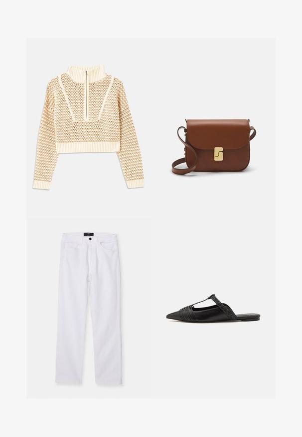 Svetilka svetlo bež barve s krajšim krojem in zadrgo na ovratniku, ki ima strukturiran vzorec ter rebraste manšete in spodnji rob. Združuje pletene in tkane materiale.; Bele kavbojke iz bele denima s ravnim krojem, zasnovo s petimi žepi in sprednjim gumbom. Imajo gladko teksturo in vidno šivanje.; Črne usnjene sandale s priponko, koničastim nosom in tkano dekoracijo ter gubanjem na zgornjem delu. Ravna podplata z minimalno opremo.; Rjava usnjena torbica s poklopcem, zlato obarvani okovi, naramnica in gladka tekstura. Kompaktna pravokotna oblika.