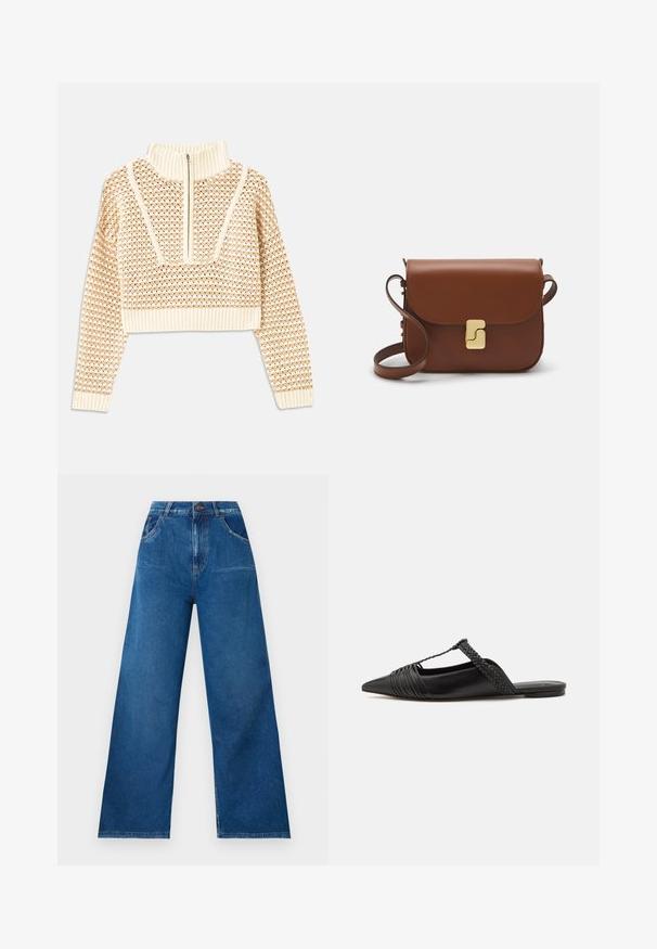 Vaalea beige lyhyt neulepusero, jossa on vetoketjukiinnitteinen korkea kaulus. Se esittelee teksturoidun kuosin ja ribbireunat hihoissa ja helmassaan. Yhdistelmä neulotusta ja kudotusta materiaalista.; Jortsit leveällä lahkeella tummansinisestä denimistä, korkealla vyötäröllä, etu- ja takataskuilla sekä kontrastivärisillä ompeluilla.; Musta nahkasandaali, jossa on terävä kärki, somistettuna kudotulla yksityiskohdalla ja pleatatuilla yläosilla. Litteä pohja, jossa on vähäisiä tarvikkeita.; Ruskea nahkainen käsilaukku, jossa on läppäkiinnitys, kultasävyiset yksityiskohdat, olkahihna ja sileä pinta. Kompaktin suorakaiteen muotoinen.