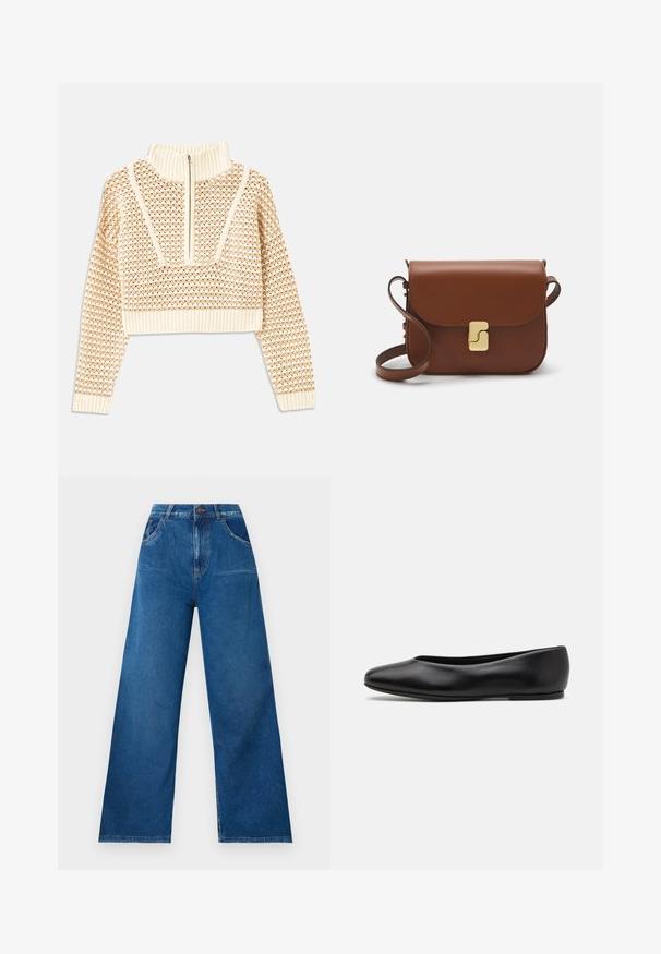 Světle béžový zkrácený svetr s doplňkovým zipem a imitací límce, zdobený texturovaným vzorem a pletenými manžetami a lemem. Kombinuje pletené a tkané materiály.; Široké džíny v tmavě modrém denimovém provedení s vysokým pasem, vybavené předními a zadními kapsami a kontrastním prošíváním.; Paul Smith TOPANGA - Klasické baleríny - black; Hnědá kožená kabelka s klopou, zlatými kovovými detaily, ramenním popruhem a hladkým povrchem. Kompaktní obdélníkový tvar.