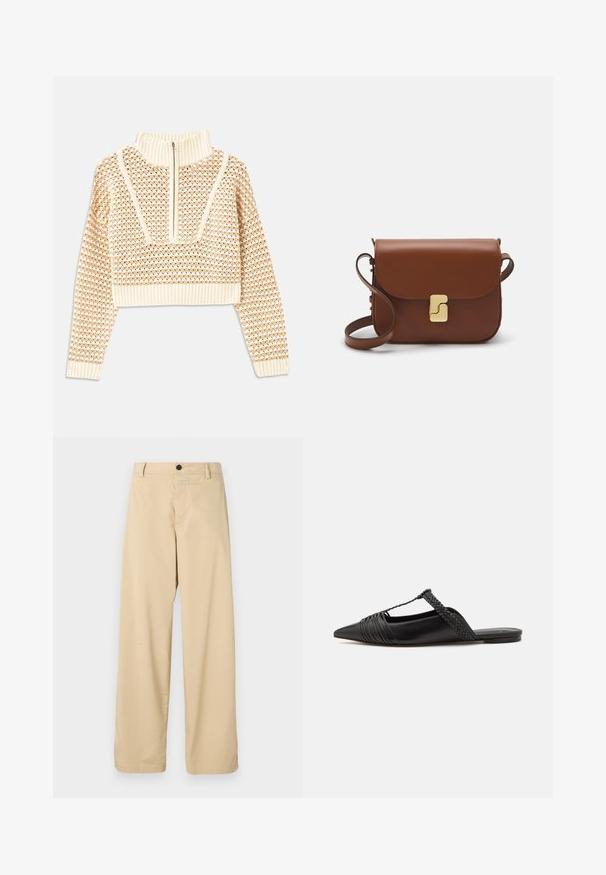 Šviesiai kreminis sutrumpintas megztinis su užtrauktuku ir apykakle, turintis tekstūruotą raštą bei gaubtus ir apykaklę su banguotais kraštais. Sujungia megztą ir audinį.; Bežiniai medvilniniai kelnės su tiesiu kirpimu, turinčios priekinius užtrauktukus, vieną juodą mygtuką ir dvi šonines kišenes.; Juodos odinės slingback bateliai su smailiu pirštu, turintys audinį akcentą ir raukšlėtą viršutinį dizainą. Lygus padas su minimaliais aksesuarais.; Ruda odinė rankinė su uždaromu dangteliu, aukso spalvos detalėmis, petneša ir lygiu paviršiumi. Kompaktiška stačiakampio formos.