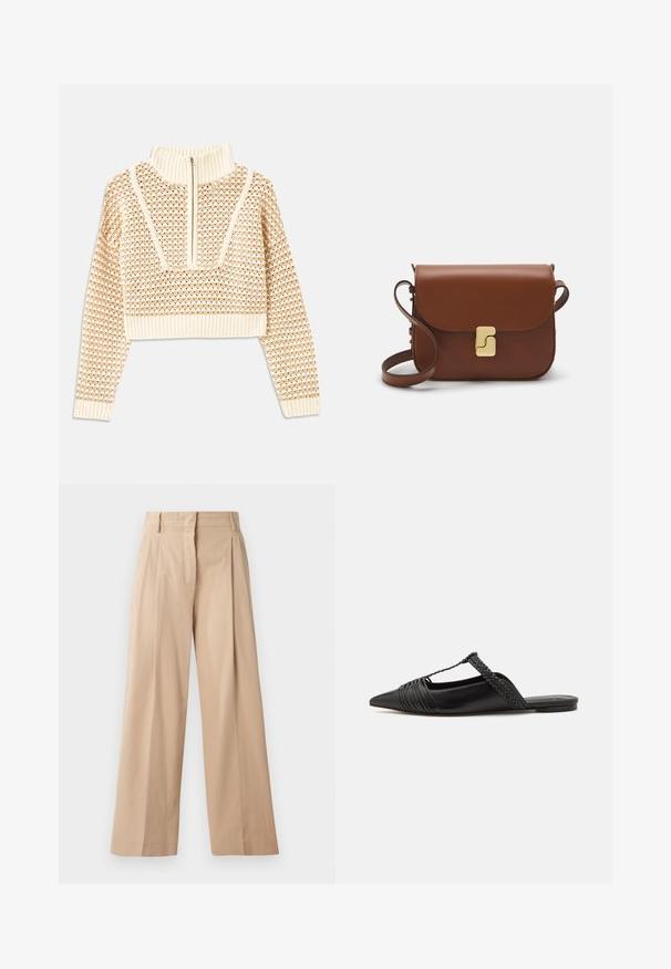 Világos bézs cropped pulóver, cipzáras álló gallérral, mely texturált mintával és bordás mandzsettával, valamint szegéllyel rendelkezik. A kötött és szőtt anyagok kombinációja.; Világos bézs színű, bő szárú nadrág sima, könnyű anyagból. Elől pliszék, fazonolt derékpánt és egyenes szabás jellemzi.; Fekete bőr slingback cipő hegyes orral, szőtt díszítéssel és redőzött felső dizájnnal. Lapos talp minimális hardverrel.; Barna bőr kézitáska, hajtókás zárással, arany színű fém kiegészítőkkel, vállpánttal és sima felülettel. Kompakt téglalap alakú.