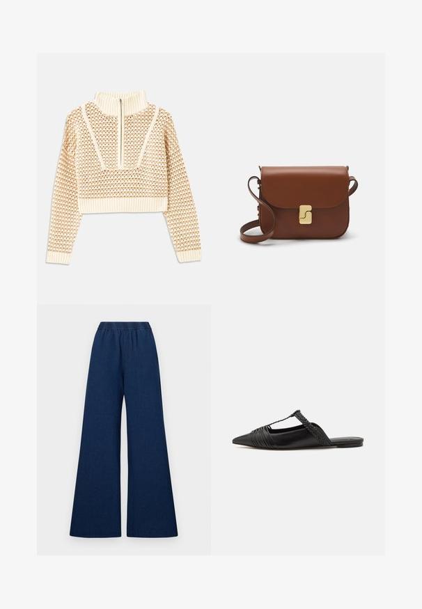 Šviesiai kreminis sutrumpintas megztinis su užtrauktuku ir apykakle, turintis tekstūruotą raštą bei gaubtus ir apykaklę su banguotais kraštais. Sujungia megztą ir audinį.; Tamsiai mėlynos plačios kojų džinsinės kelnės su elastinga juosmens juosta, pasižyminčios glotnia tekstūra ir paprastu dizainu.; Juodos odinės slingback bateliai su smailiu pirštu, turintys audinį akcentą ir raukšlėtą viršutinį dizainą. Lygus padas su minimaliais aksesuarais.; Ruda odinė rankinė su uždaromu dangteliu, aukso spalvos detalėmis, petneša ir lygiu paviršiumi. Kompaktiška stačiakampio formos.