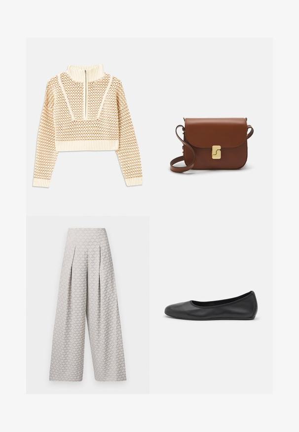 Helebeige lühike sviiter, millel on lukuga kaelus, tekstuuriga muster ning soonikuga varrukad ja äär. Kombineerib kudumise ja kootud materjalid.; Heledhalli laiad püksid, millel on tekstuurne muster, mis meenutab väikeseid kolmnurki, kõrge talje ja voldid lisatud struktuuri jaoks.; Musthave mustika tantsutossud mustast nahast, ümmarguse varbaga, siledast tekstuurist, minimaalse õmblusdetailiga ja paindliku tallakujundusega.; Pruunist nahast käekott, millel on klapiga sulgur, kuldne riistvara, õlarihm ja sile tekstuur. Kompaktne ristkülikukujuline vorm.