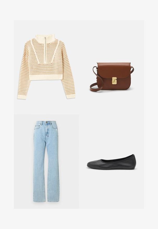 Světle béžový zkrácený svetr s doplňkovým zipem a imitací límce, zdobený texturovaným vzorem a pletenými manžetami a lemem. Kombinuje pletené a tkané materiály.; Světle modré džíny s rovnými nohavicemi, se zapínáním na zip, pěti kapsami a jemnými detaily prohnutí.; Černé kožené baletní byty s kulatou špičkou, hladkou texturou, minimálními švy a flexibilním designem podrážky.; Hnědá kožená kabelka s klopou, zlatými kovovými detaily, ramenním popruhem a hladkým povrchem. Kompaktní obdélníkový tvar.
