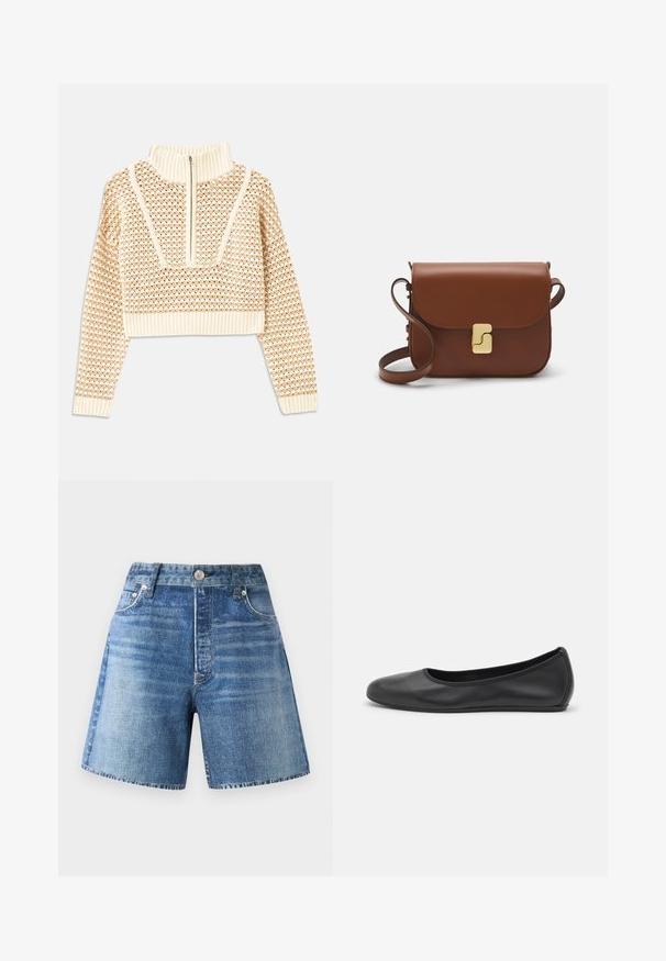 Lys beige cropped sweater med lynlås og høj hals, der har et struktureret mønster samt ribbede manchetter og nederste kant. Kombinerer strikkede og vævede materialer.; Denim shorts i en lys blå vask med høj talje, fem lommer og knaplukning, der har en falmet tekstur og rå kant.; Sort læderballetsko med rund tå, glat tekstur, minimal syning og et fleksibelt såldesign.; Brun læder håndtaske med flaplukning, hardware i gyldent tone, en skulderrem og en glat overflade. Kompakt rektangulær form.