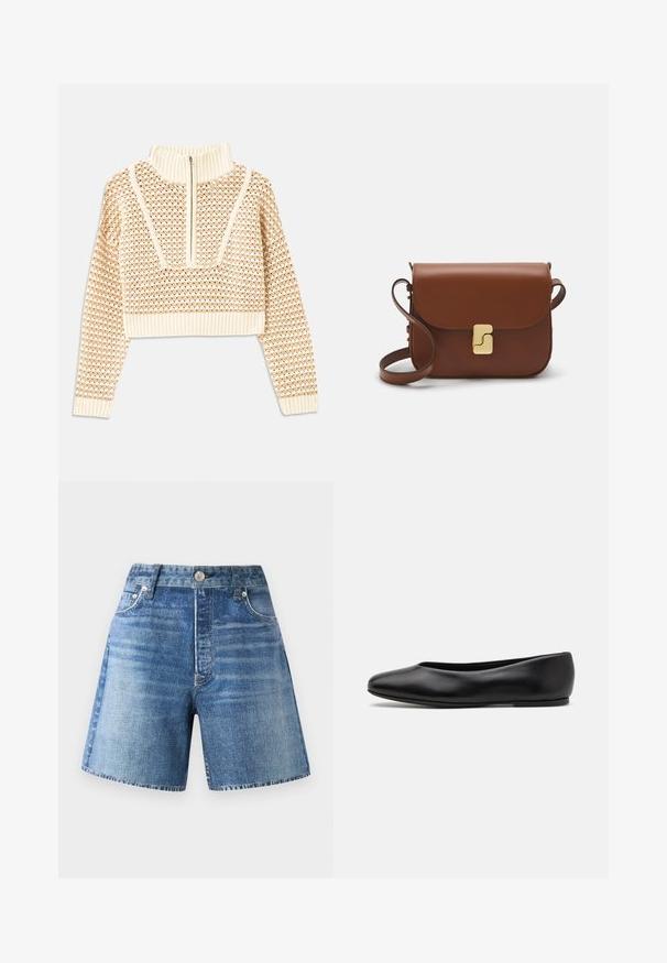 Světle béžový zkrácený svetr s doplňkovým zipem a imitací límce, zdobený texturovaným vzorem a pletenými manžetami a lemem. Kombinuje pletené a tkané materiály.; Džínové kraťasy v světlé modré barvě s vysokým pasem, pěti kapsami a zapínáním na knoflík, které mají vybledlou texturu a nerozřezaný lem.; Paul Smith TOPANGA - Klasické baleríny - black; Hnědá kožená kabelka s klopou, zlatými kovovými detaily, ramenním popruhem a hladkým povrchem. Kompaktní obdélníkový tvar.