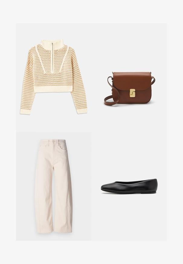 Light beige cropped sweater with a zippered mock neck, featuring a textured pattern and ribbed cuffs and hem. Combines knit and woven materials.; Mother THE HALF PIPE ANKLE - Wide Leg - off-white; Paul Smith TOPANGA - Ballet pumps - black; Brown leather handbag with a flap closure, gold-tone hardware, a shoulder strap, and a smooth texture. Compact rectangular shape.