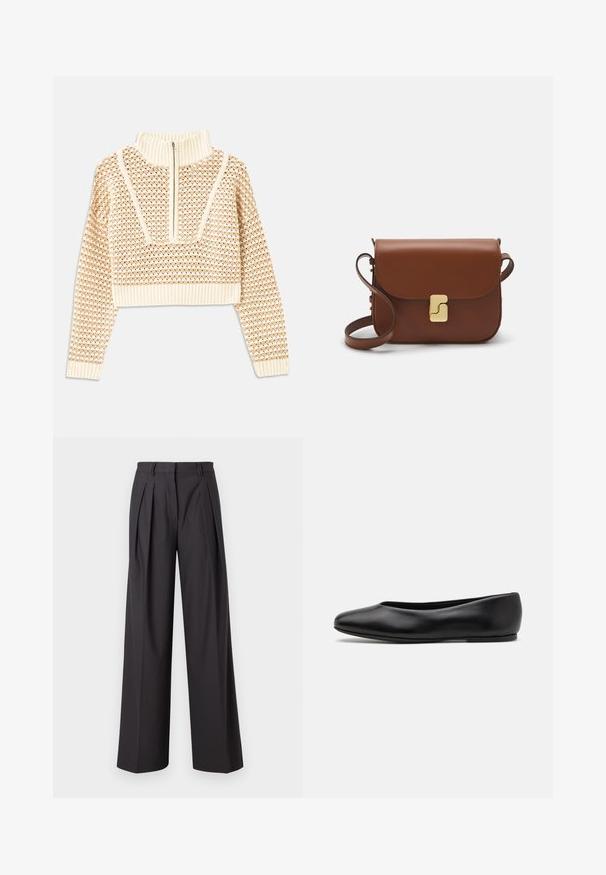 Light beige cropped sweater with a zippered mock neck, featuring a textured pattern and ribbed cuffs and hem. Combines knit and woven materials.; Wide-leg trousers in dark gray fabric, featuring front pleats, a smooth texture, a mid-rise waist, and belt loops.; Paul Smith TOPANGA - Ballet pumps - black; Brown leather handbag with a flap closure, gold-tone hardware, a shoulder strap, and a smooth texture. Compact rectangular shape.