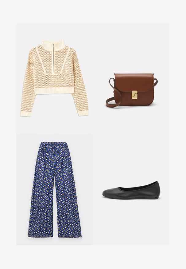 Light beige cropped sweater with a zippered mock neck, featuring a textured pattern and ribbed cuffs and hem. Combines knit and woven materials.; Wide-leg trousers in blue fabric featuring a geometric pattern of cream and gold circles. Elastic waistband for comfort.; Black leather ballet flat with a rounded toe, smooth texture, minimal stitching detail, and a flexible sole design.; Brown leather handbag with a flap closure, gold-tone hardware, a shoulder strap, and a smooth texture. Compact rectangular shape.