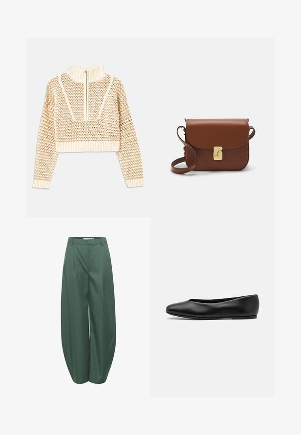 Vaalea beige lyhyt neulepusero, jossa on vetoketjukiinnitteinen korkea kaulus. Se esittelee teksturoidun kuosin ja ribbireunat hihoissa ja helmassaan. Yhdistelmä neulotusta ja kudotusta materiaalista.; Gestuz CALLIA BARREL PANTS - Housut - posy green melange; Paul Smith TOPANGA - Ballerinat - black; Ruskea nahkainen käsilaukku, jossa on läppäkiinnitys, kultasävyiset yksityiskohdat, olkahihna ja sileä pinta. Kompaktin suorakaiteen muotoinen.