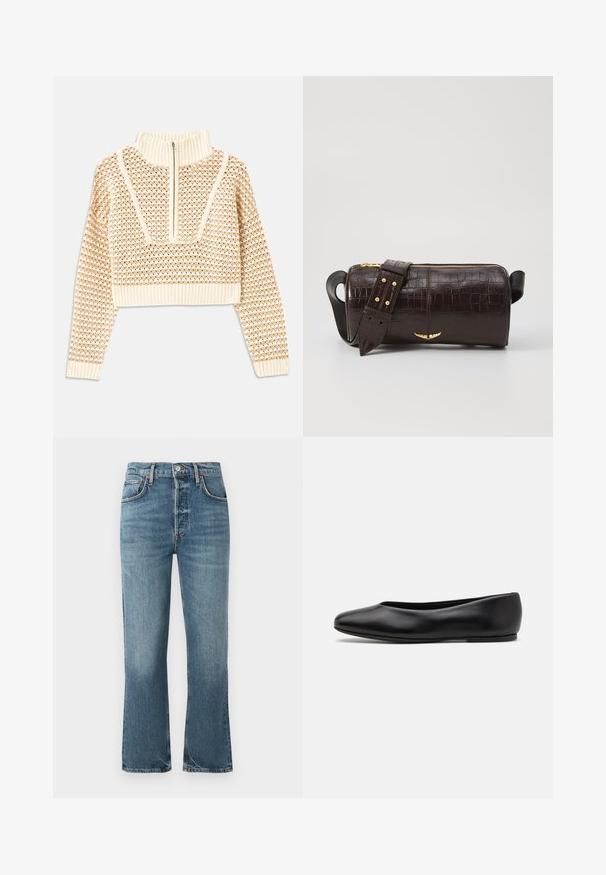 Sweater cropped de cor bege claro com gola alta com fecho, apresentando um padrão texturizado e mangas e bainha caneladas. Combina materiais tricotados e tecidos.; Jeans de denim azul claro com cintura alta, design de perna reta e desbotamento subtil. Apresenta o estilo clássico de cinco bolsos e fecho com botão de metal.; Paul Smith TOPANGA - Sabrinas - black; Bolsa de couro com textura de crocodilo na cor marrom, com forma cilíndrica, metalizações em tom dourado e uma alça destacável com tachas.