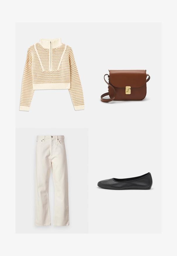Light beige cropped sweater with a zippered mock neck, featuring a textured pattern and ribbed cuffs and hem. Combines knit and woven materials.; White denim jeans with a straight-leg cut, featuring a classic five-pocket design, metal button closure, and subtle texture.; Black leather ballet flat with a rounded toe, smooth texture, minimal stitching detail, and a flexible sole design.; Brown leather handbag with a flap closure, gold-tone hardware, a shoulder strap, and a smooth texture. Compact rectangular shape.
