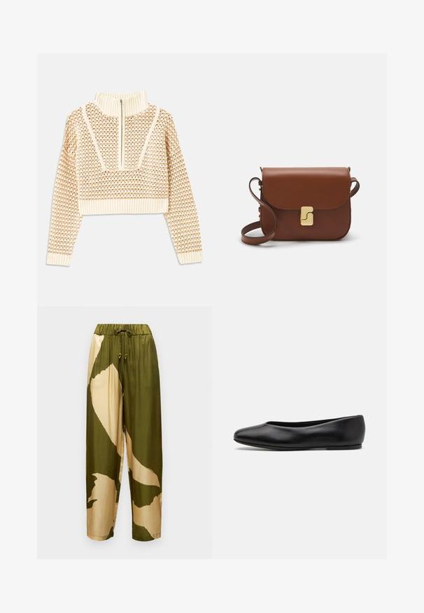 Sweater cropped de cor bege claro com gola alta com fecho, apresentando um padrão texturizado e mangas e bainha caneladas. Combina materiais tricotados e tecidos.; Calças de cetim com um padrão abstrato em verde-azeitona e bege, cintura elástica com cordão e pernas ajustadas.; Paul Smith TOPANGA - Sabrinas - black; Bolsa de couro castanho com fecho de aba, decoração em tom dourado, alça de ombro e textura suave. Formato retangular compacto.