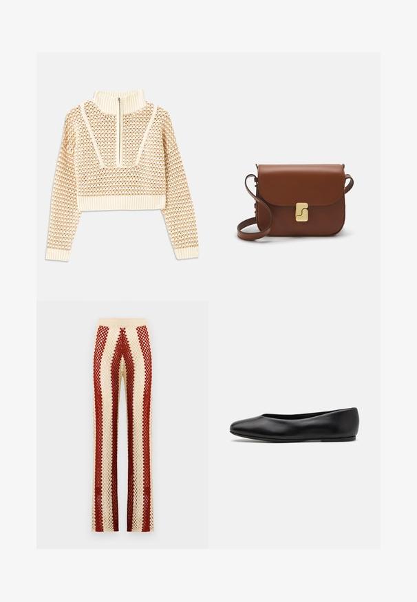 Helles, beigefarbenes, kurzes Sweatshirt mit einem Reißverschlusskragen, das ein strukturiertes Muster sowie gerippte Bündchen und Saum aufweist. Kombiniert Strick- und Webmaterialien.; Häkelhosen mit einer taillierten Taille, die abwechselnd rote und cremefarbene vertikale Streifen, einen weit geschnittenen Beinverlauf und eine offene Webstruktur aufweisen.; Paul Smith TOPANGA - Klassischer Ballerina - black; Braune Ledertasche mit Klappenverschluss, Beschlägen in Goldfarbe, einem Schultergurt und einer glatten Oberfläche. Kompakte rechteckige Form.