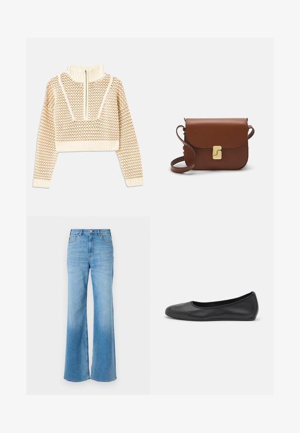 Light beige cropped sweater with a zippered mock neck, featuring a textured pattern and ribbed cuffs and hem. Combines knit and woven materials.; Light blue denim wide-leg jeans with a high waist, featuring stitched detailing and a button closure. Smooth texture and slight fade.; Black leather ballet flat with a rounded toe, smooth texture, minimal stitching detail, and a flexible sole design.; Brown leather handbag with a flap closure, gold-tone hardware, a shoulder strap, and a smooth texture. Compact rectangular shape.