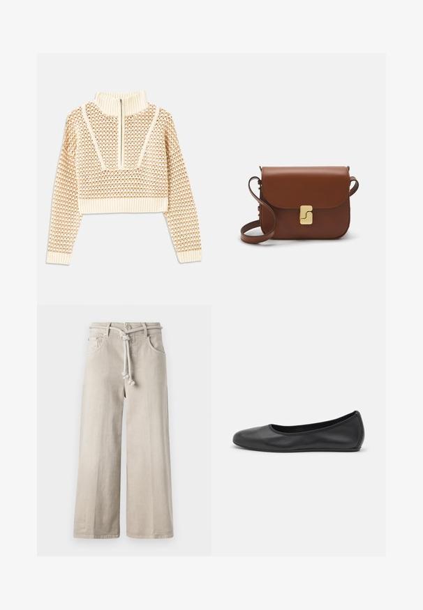 Light beige cropped sweater with a zippered mock neck, featuring a textured pattern and ribbed cuffs and hem. Combines knit and woven materials.; CLOSED LYNA - Relaxed fit jeans - beige; Black leather ballet flat with a rounded toe, smooth texture, minimal stitching detail, and a flexible sole design.; Brown leather handbag with a flap closure, gold-tone hardware, a shoulder strap, and a smooth texture. Compact rectangular shape.