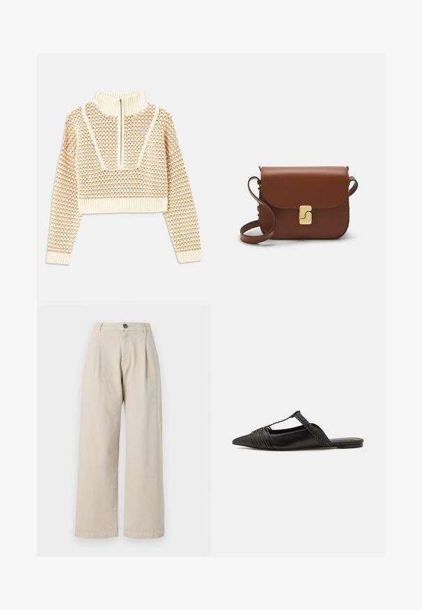 Helles, beigefarbenes, kurzes Sweatshirt mit einem Reißverschlusskragen, das ein strukturiertes Muster sowie gerippte Bündchen und Saum aufweist. Kombiniert Strick- und Webmaterialien.; Beige weite Hosen mit hoher Taille, vorderen Falten, einem Knopfverschluss und einer glatten Stoffstruktur.; Schwarzer Leder-Slingback-Schuh mit spitzem Zehenbereich, ausgestattet mit einem geflochtenen Akzent und einem gefalteten Oberdesign. Flache Sohle mit minimalem Zubehör.; Braune Ledertasche mit Klappenverschluss, Beschlägen in Goldfarbe, einem Schultergurt und einer glatten Oberfläche. Kompakte rechteckige Form.