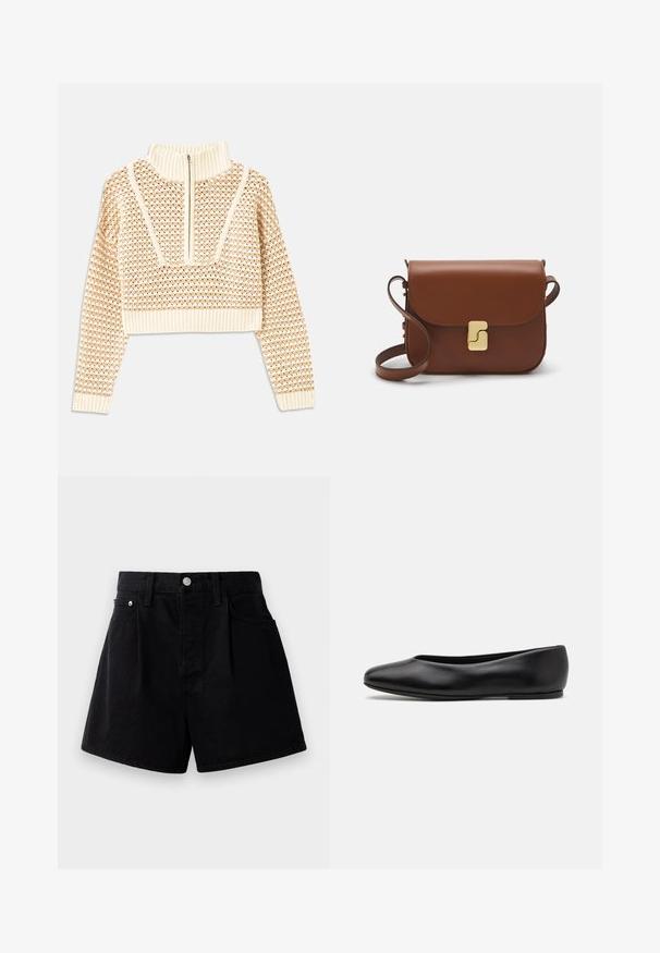 Svijetlo bež skraćeni džemper s rajsferšlusom i visokom ovratnikom, s teksturiranim uzorkom i rebrastim rukavima i rubom. Kombinira pletivo i tkaninu.; Crne traperice kratke hlače ravnog kroja, s kopčanjem na dugme, dva prednja džepa i mekim, teksturiranim materijalom.; Paul Smith TOPANGA - Balerinke - black; Smeđa kožna torba s preklopom, zlatnim detaljima, remenom za nošenje preko ramena i glatkom teksturom. Kompaktni pravokutni oblik.