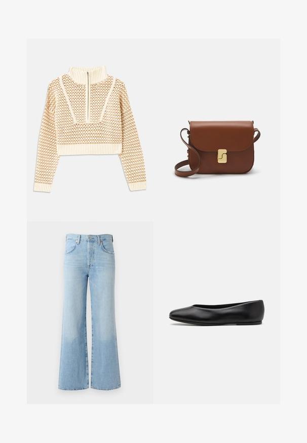 Sweater cropped de cor bege claro com gola alta com fecho, apresentando um padrão texturizado e mangas e bainha caneladas. Combina materiais tricotados e tecidos.; Jeans de ganga azul claro, com pernas largas e cintura alta, cinco bolsos e um leve desvanecimento perto da bainha. Apresentam uma cintura padrão e fecho com botão.; Paul Smith TOPANGA - Sabrinas - black; Bolsa de couro castanho com fecho de aba, decoração em tom dourado, alça de ombro e textura suave. Formato retangular compacto.