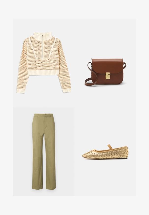 Pull en beige clair court avec un col montant zippé, présentant un motif texturé et des poignets et un ourlet côtelés. Combine des matériaux tricotés et tissés.; Pantalons khaki en mélange de coton, avec une coupe droite, des coutures visibles et des poches sur les côtés avant.; Loeffler Randall LEONIE SOFT BALLET FLAT - Babies - gold; Sac à main en cuir marron avec une fermeture à rabat, des accents en métal doré, une bandoulière et une texture lisse. Forme rectangulaire compacte.