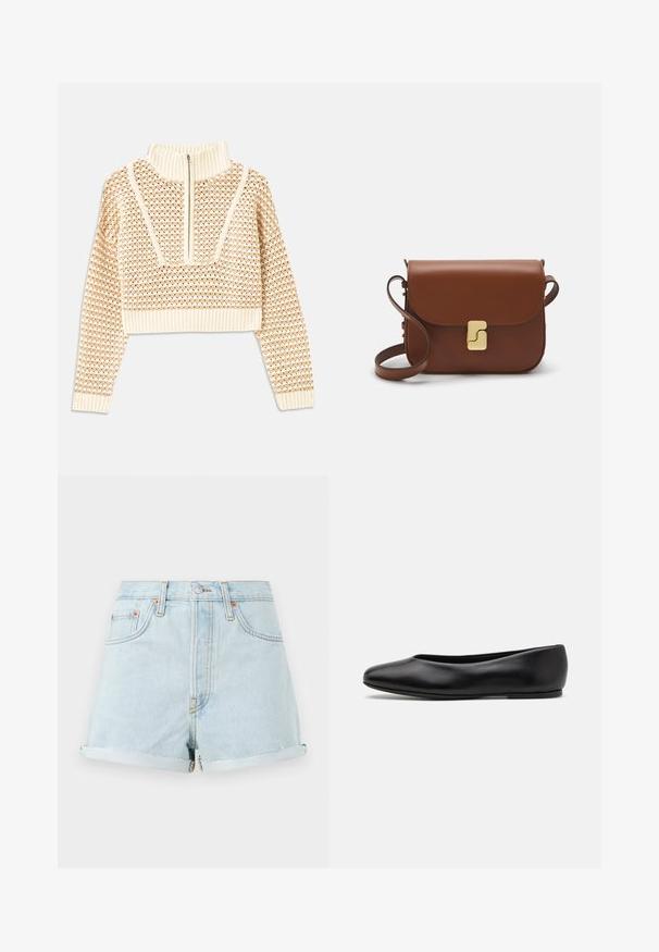 Light beige cropped sweater with a zippered mock neck, featuring a textured pattern and ribbed cuffs and hem. Combines knit and woven materials.; Light blue denim shorts with a high waist, turn-up cuffs, copper rivets, and a front zipper. Features classic five-pocket style.; Paul Smith TOPANGA - Ballet pumps - black; Brown leather handbag with a flap closure, gold-tone hardware, a shoulder strap, and a smooth texture. Compact rectangular shape.
