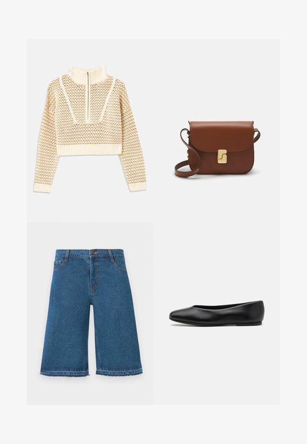 Vaalea beige lyhyt neulepusero, jossa on vetoketjukiinnitteinen korkea kaulus. Se esittelee teksturoidun kuosin ja ribbireunat hihoissa ja helmassaan. Yhdistelmä neulotusta ja kudotusta materiaalista.; Siniset farkku polvihameet, joissa on risat reunat, etunappi ja taskut, valkoista taustaa vasten.; Paul Smith TOPANGA - Ballerinat - black; Ruskea nahkainen käsilaukku, jossa on läppäkiinnitys, kultasävyiset yksityiskohdat, olkahihna ja sileä pinta. Kompaktin suorakaiteen muotoinen.