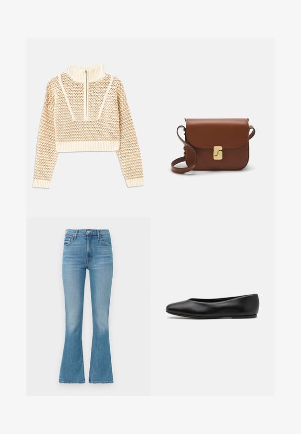 Light beige cropped sweater with a zippered mock neck, featuring a textured pattern and ribbed cuffs and hem. Combines knit and woven materials.; Light blue flared jeans made from denim, featuring a high waist, five-pocket design, and minimalistic stitching with a faded finish at the hem.; Paul Smith TOPANGA - Ballet pumps - black; Brown leather handbag with a flap closure, gold-tone hardware, a shoulder strap, and a smooth texture. Compact rectangular shape.