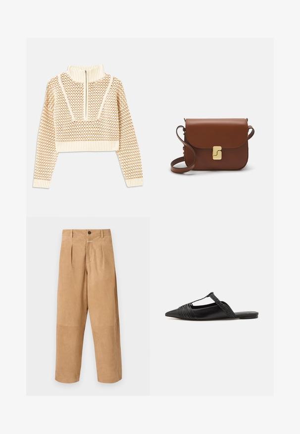 Helles, beigefarbenes, kurzes Sweatshirt mit einem Reißverschlusskragen, das ein strukturiertes Muster sowie gerippte Bündchen und Saum aufweist. Kombiniert Strick- und Webmaterialien.; Beige, Wildleder-Hosen mit lockerer Passform, mit vorderen Falten, einem Knopfverschluss und Taschen an den Seiten. Glatte Textur über die gesamte Fläche.; Schwarzer Leder-Slingback-Schuh mit spitzem Zehenbereich, ausgestattet mit einem geflochtenen Akzent und einem gefalteten Oberdesign. Flache Sohle mit minimalem Zubehör.; Braune Ledertasche mit Klappenverschluss, Beschlägen in Goldfarbe, einem Schultergurt und einer glatten Oberfläche. Kompakte rechteckige Form.