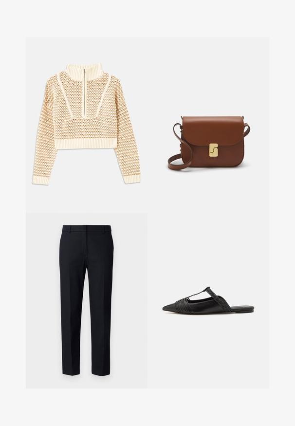 Light beige cropped sweater with a zippered mock neck, featuring a textured pattern and ribbed cuffs and hem. Combines knit and woven materials.; Tailored black trousers made of a smooth fabric, featuring a flat front, standard waistband, and straight legs with pressed creases.; Black leather slingback shoe with a pointed toe, featuring a woven accent and pleated upper design. Flat sole with minimal hardware.; Brown leather handbag with a flap closure, gold-tone hardware, a shoulder strap, and a smooth texture. Compact rectangular shape.