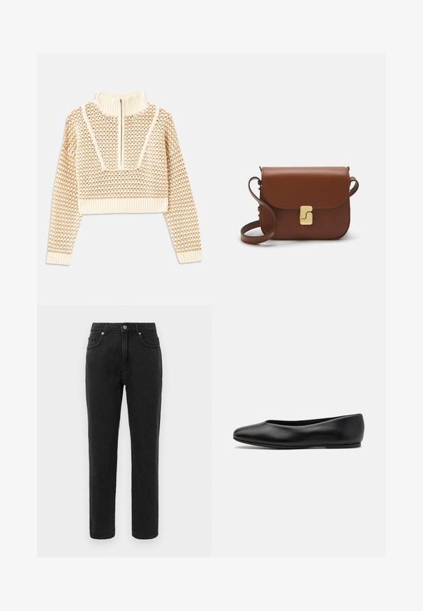 Light beige cropped sweater with a zippered mock neck, featuring a textured pattern and ribbed cuffs and hem. Combines knit and woven materials.; Black denim jeans with a straight leg design, standard five-pocket styling, and a button closure. Features subtle stitching details.; Paul Smith TOPANGA - Ballet pumps - black; Brown leather handbag with a flap closure, gold-tone hardware, a shoulder strap, and a smooth texture. Compact rectangular shape.