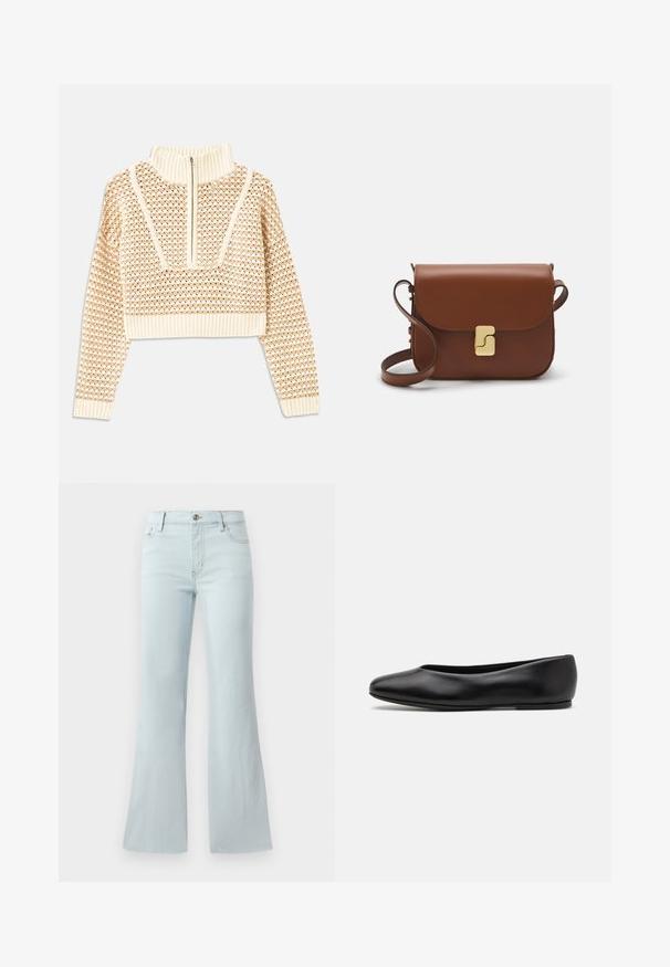 Light beige cropped sweater with a zippered mock neck, featuring a textured pattern and ribbed cuffs and hem. Combines knit and woven materials.; Light blue flared jeans made of denim. Features a classic five-pocket design and a front button closure. Smooth texture throughout.; Paul Smith TOPANGA - Ballet pumps - black; Brown leather handbag with a flap closure, gold-tone hardware, a shoulder strap, and a smooth texture. Compact rectangular shape.