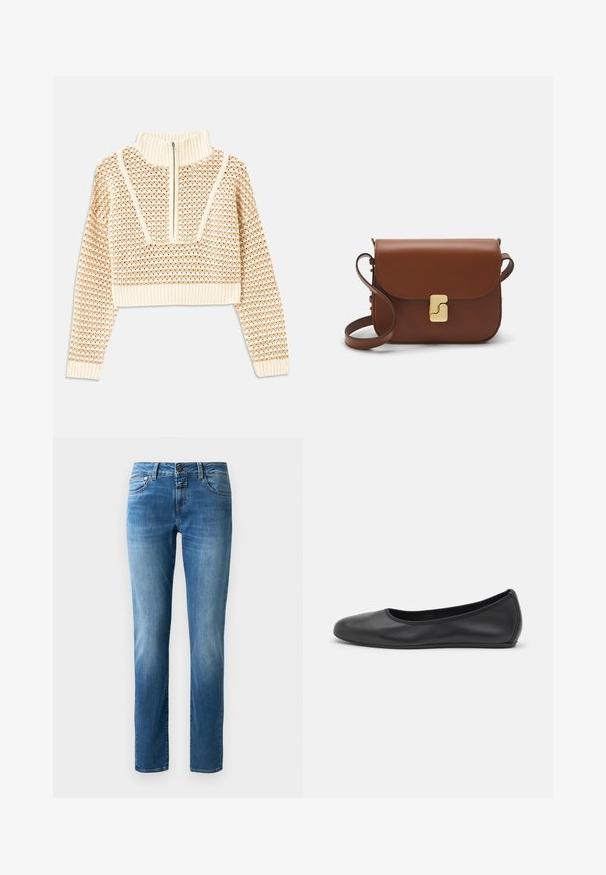 Svetilka svetlo bež barve s krajšim krojem in zadrgo na ovratniku, ki ima strukturiran vzorec ter rebraste manšete in spodnji rob. Združuje pletene in tkane materiale.; Modri traper hlače s ravnim krojem, ki imajo gumbasto zapiranje, pet žepov in rahlo zbledel videz. Gladka tekstura z oranžnim šivom.; Črne usnjene balerinke z zaobljenim nosom, gladko teksturo, minimalnimi šivi in fleksibilno zasnovo podplata.; Rjava usnjena torbica s poklopcem, zlato obarvani okovi, naramnica in gladka tekstura. Kompaktna pravokotna oblika.