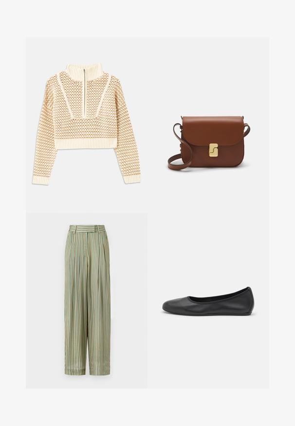 Sweater cropped de cor bege claro com gola alta com fecho, apresentando um padrão texturizado e mangas e bainha caneladas. Combina materiais tricotados e tecidos.; MILLE CARA PANT - Calças - almond/green; Bailarina preta em pele com bico arredondado, textura suave, detalhe de costura minimalista e design de sola flexível.; Bolsa de couro castanho com fecho de aba, decoração em tom dourado, alça de ombro e textura suave. Formato retangular compacto.