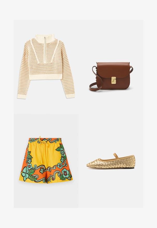 Light beige cropped sweater with a zippered mock neck, featuring a textured pattern and ribbed cuffs and hem. Combines knit and woven materials.; Yellow and orange shorts featuring floral patterns in green and brown. Elastic waistband with a drawstring, made of lightweight fabric.; Loeffler Randall LEONIE SOFT BALLET FLAT - Ankle strap ballet pumps - gold; Brown leather handbag with a flap closure, gold-tone hardware, a shoulder strap, and a smooth texture. Compact rectangular shape.