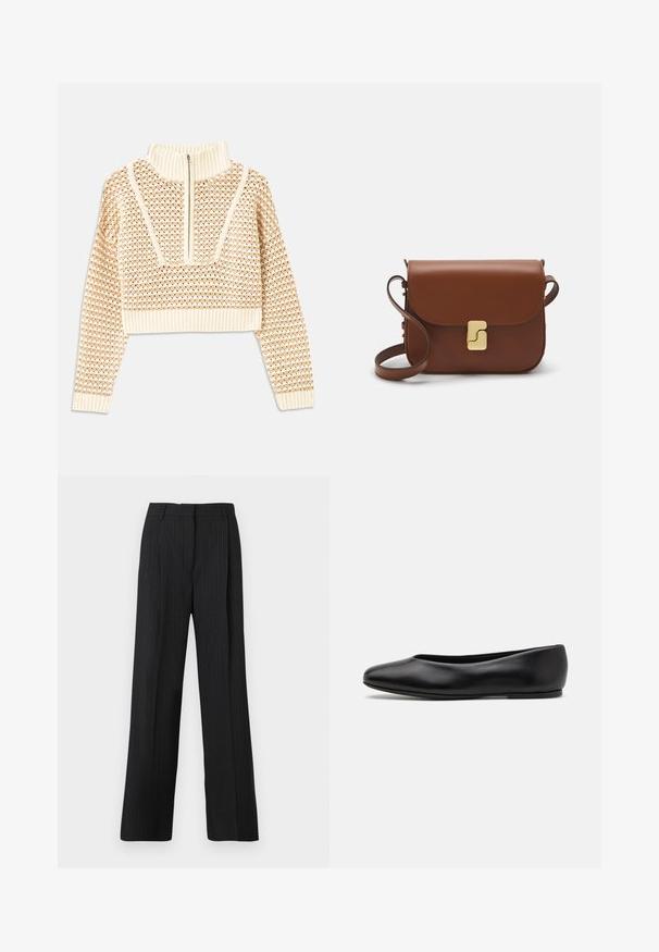 Light beige cropped sweater with a zippered mock neck, featuring a textured pattern and ribbed cuffs and hem. Combines knit and woven materials.; Black pinstriped trousers with a relaxed fit, featuring a flat front, two side pockets, and a smooth fabric texture.; Paul Smith TOPANGA - Ballet pumps - black; Brown leather handbag with a flap closure, gold-tone hardware, a shoulder strap, and a smooth texture. Compact rectangular shape.