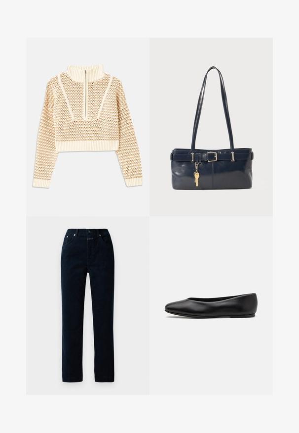 Svijetlo bež skraćeni džemper s rajsferšlusom i visokom ovratnikom, s teksturiranim uzorkom i rebrastim rukavima i rubom. Kombinira pletivo i tkaninu.; Mornarska plišana hlače ravnog kroja, s prednjim džepovima, zatvaranjem na cipzar i metalnim dugmadima kao akcentima na pojasu.; Paul Smith TOPANGA - Balerinke - black; Morska kožna torbica s dva duga ramena, detaljem kopče i privjeskom za ključeve. Ima glatku teksturu i pravokutni oblik.